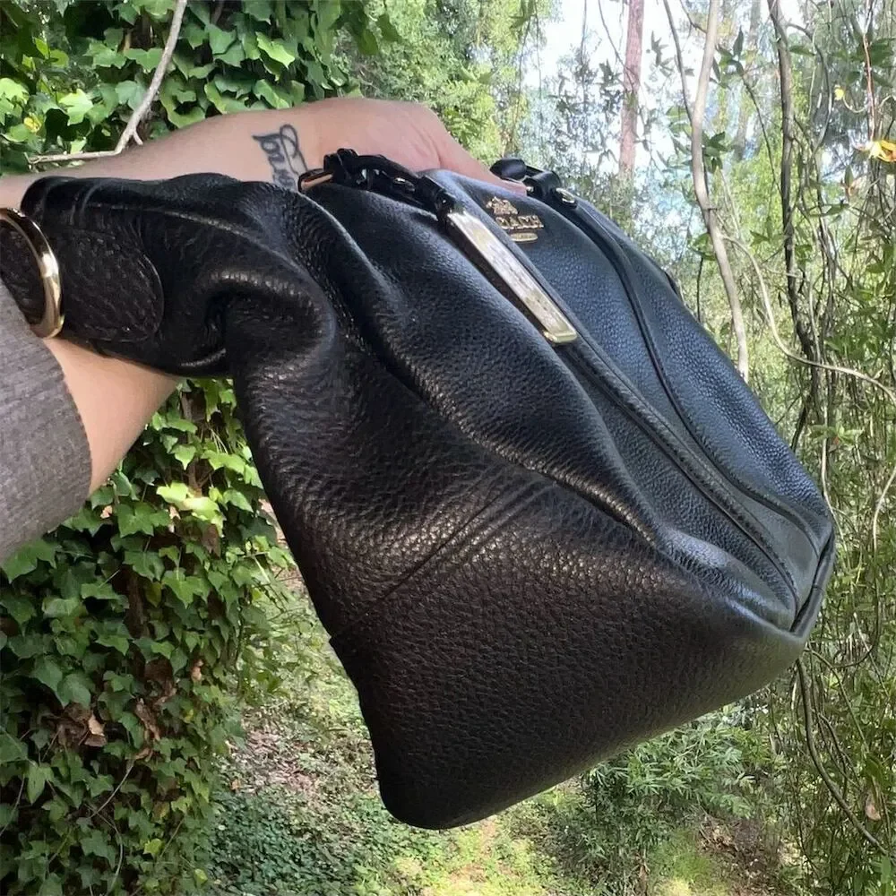 COACH Black Leather Satchel Shoulder Bag w Gold Hardware & Detachable Strap